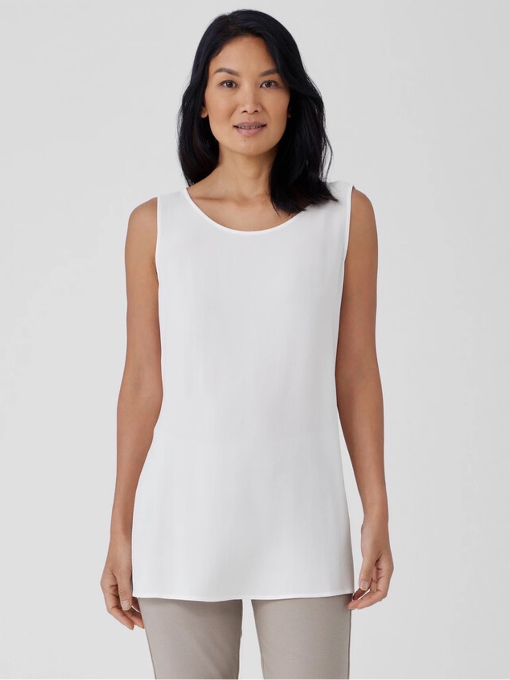 NEW EILEEN FISHER Sand Washed 100% Silk Cream Scoop Neck Sleeveless Top Large